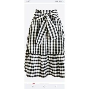 J. Crew black white cotton gingham midiskirt 2 tie waist ruffle holiday preppy